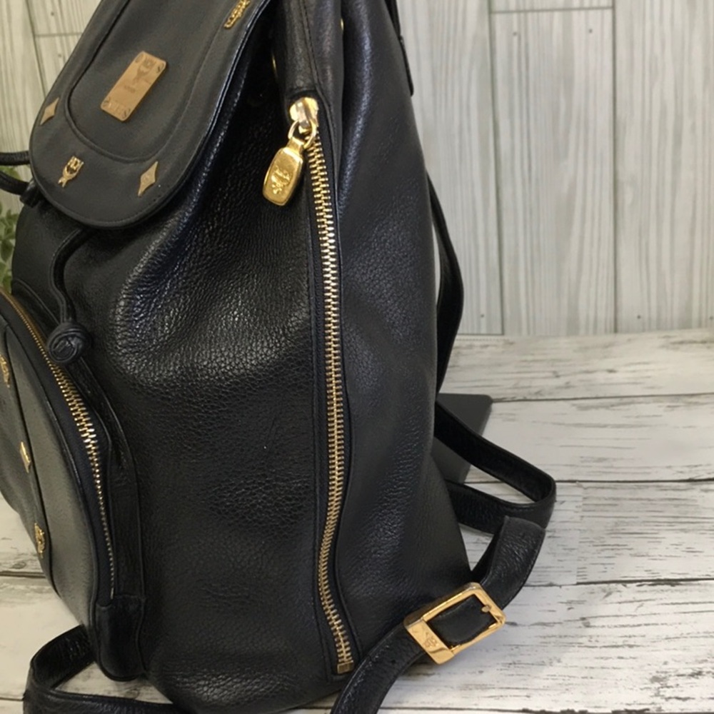 MCM Black Leather Backpack with Gold Accents - Picture 7 of 13